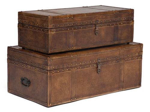 Набор из 2-х столиков - сундуков Secret De Maison ROBINZON ( mod. M-2001 ) дерево манго/кожа буйвола, 21х66х30/28х73х40см, Античный светлый. Фото №1